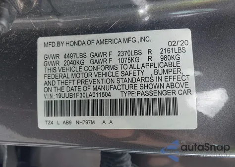 2020 Acura Tlx Standard z USA, uszkodzony, nr VIN 19UUB1F30LA011504